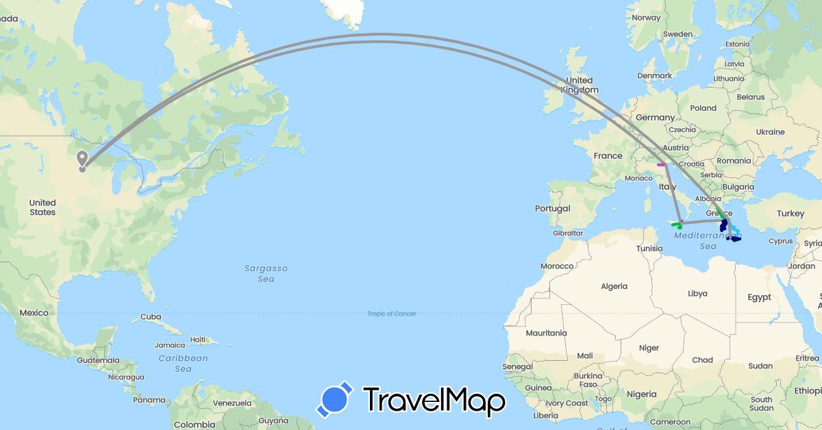 TravelMap itinerary: driving, bus, plane, train, boat in Greece, Italy, United States (Europe, North America)